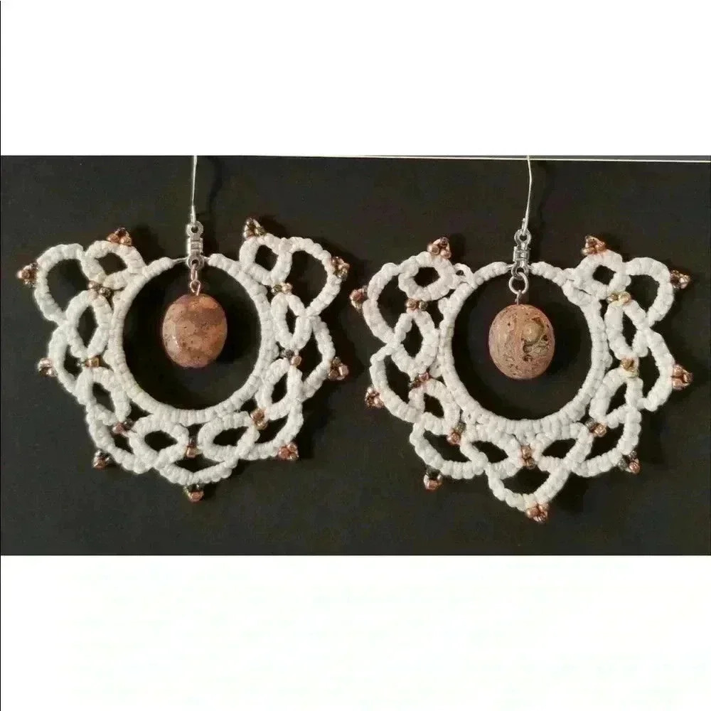 2/$30 White Tatted Beaded Lace Hoop Earrings